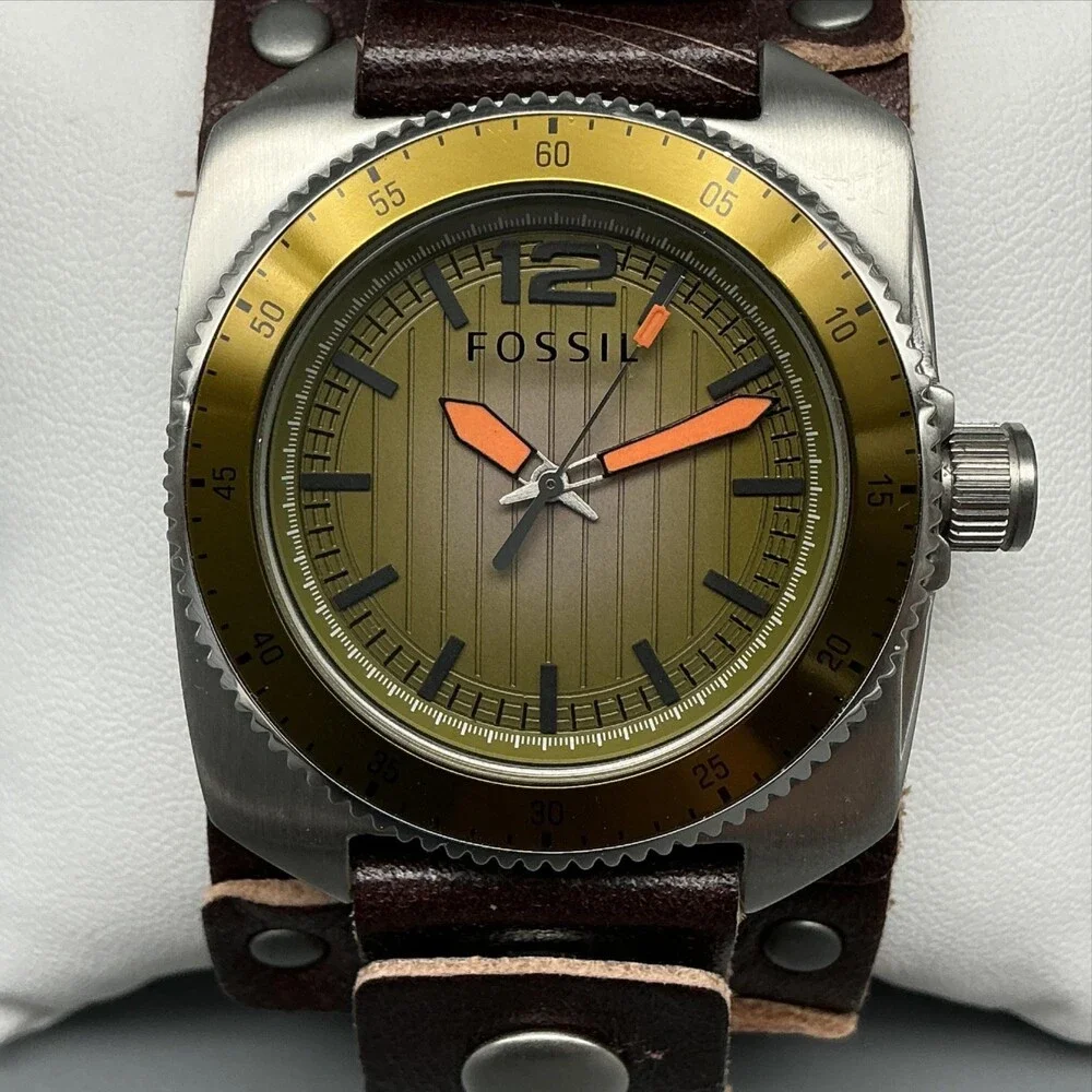 Fossil Mens Watch 38mm Bronze Dial Brown Bund Leather MB-1043 New Battery